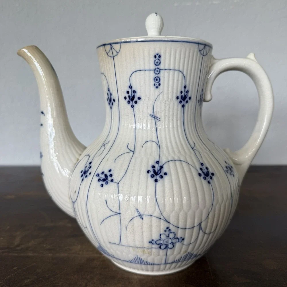 Antique French Sarreguemines Copenhagen Blue Fluted Coffee Pot Teapot 19thC 8